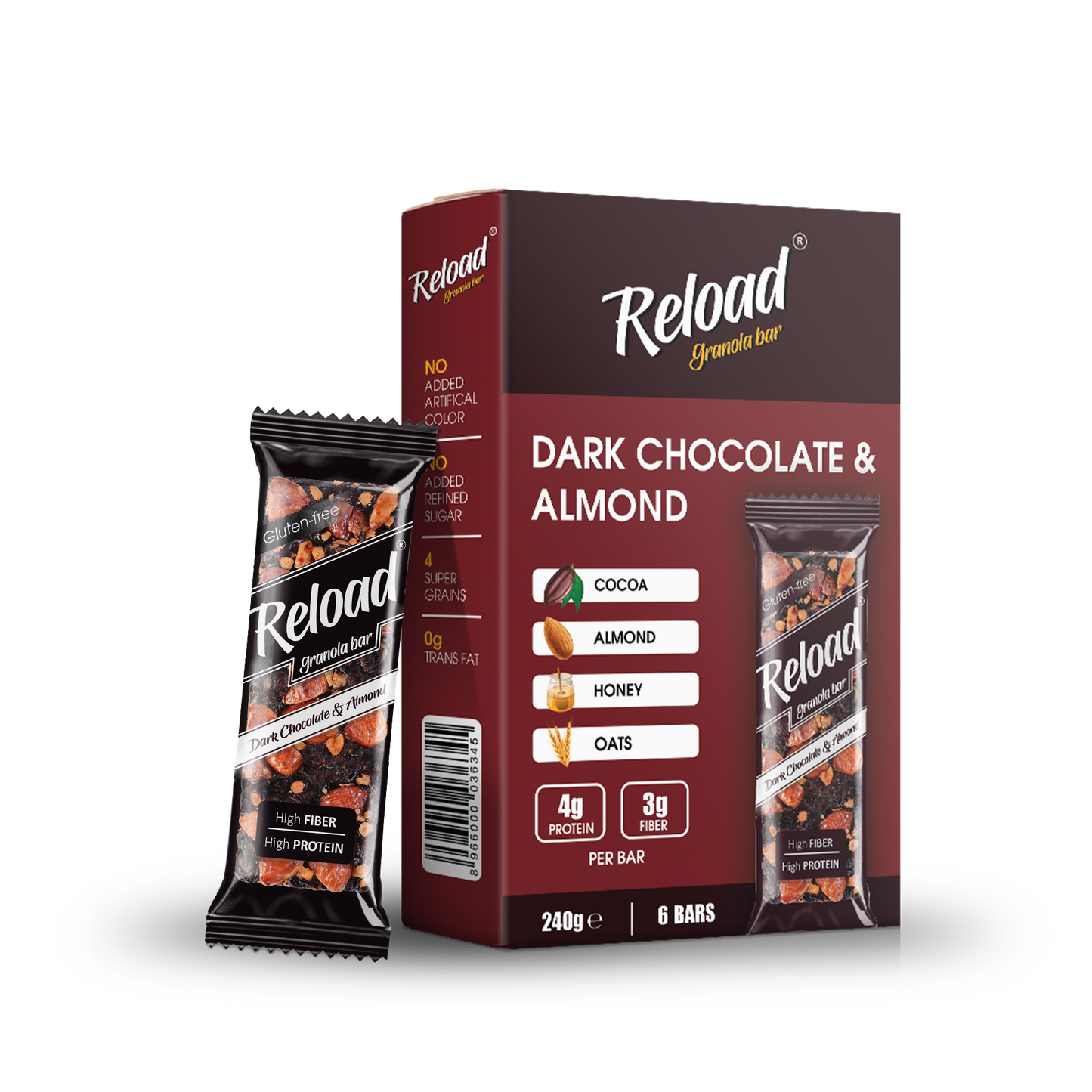 Reload Granola Bar Dark Chocolate & Almond – Box (6 Bars)